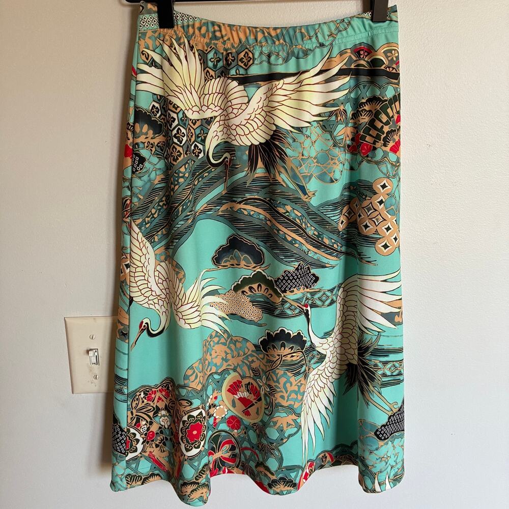 MISSLOOK Turquoise Crane Scenic Print A-Line Midi Skirt Size Elastic Art to Wear